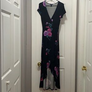 Flowered printed long black dress